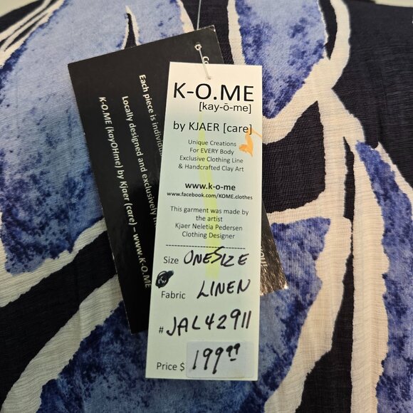 K-O.ME Handmade Linen Long Jacket With Blue Leaf Pattern - Picture 6 of 6